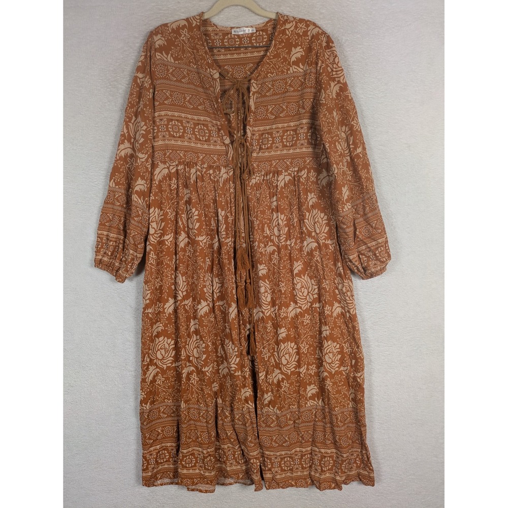 R. Vivimos Midi Dress Women's Large Rust Floral Lace Up Tassel Boho Long Sleeve